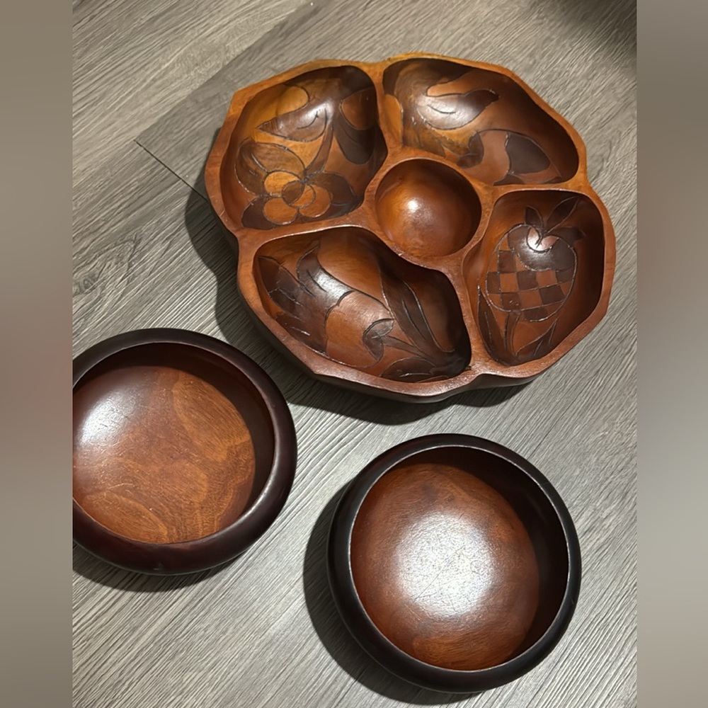 Hand carved/ stained wood, Danish monkey pod; Serving Tray w/ 2 matching bowls